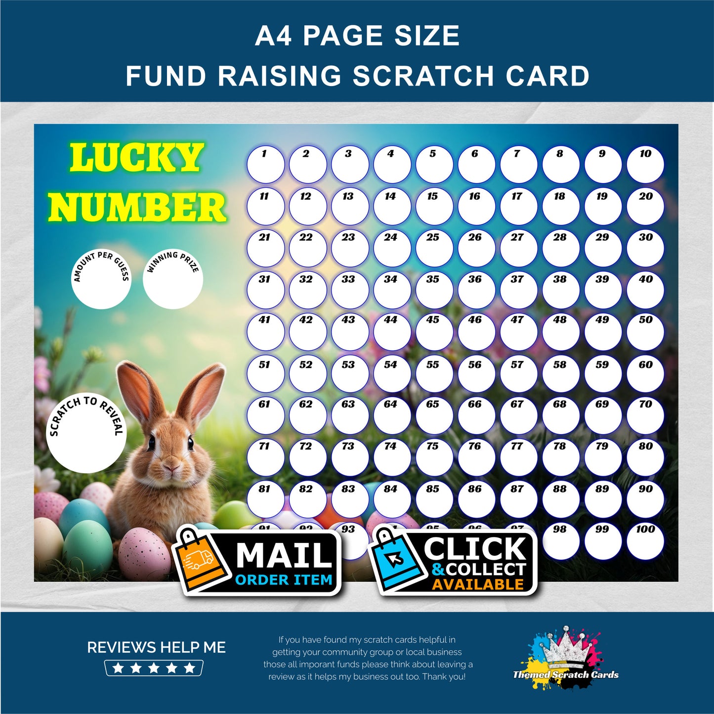 A4 Easter Themed Lucky Number Fundraising Scratch Card - Local & Community Fund Raising