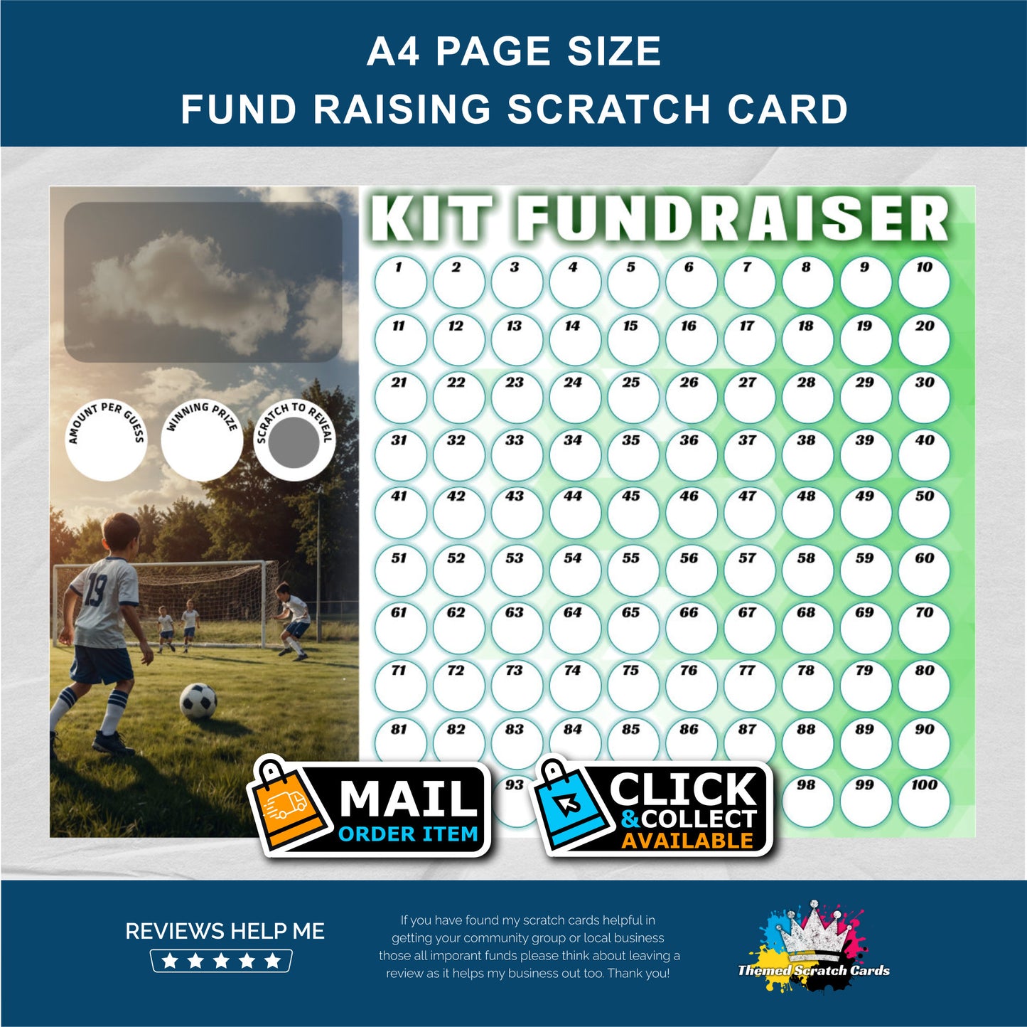 A4 Youth Football Lucky Number Fundraising Scratch Card - Local & Community Fund Raising