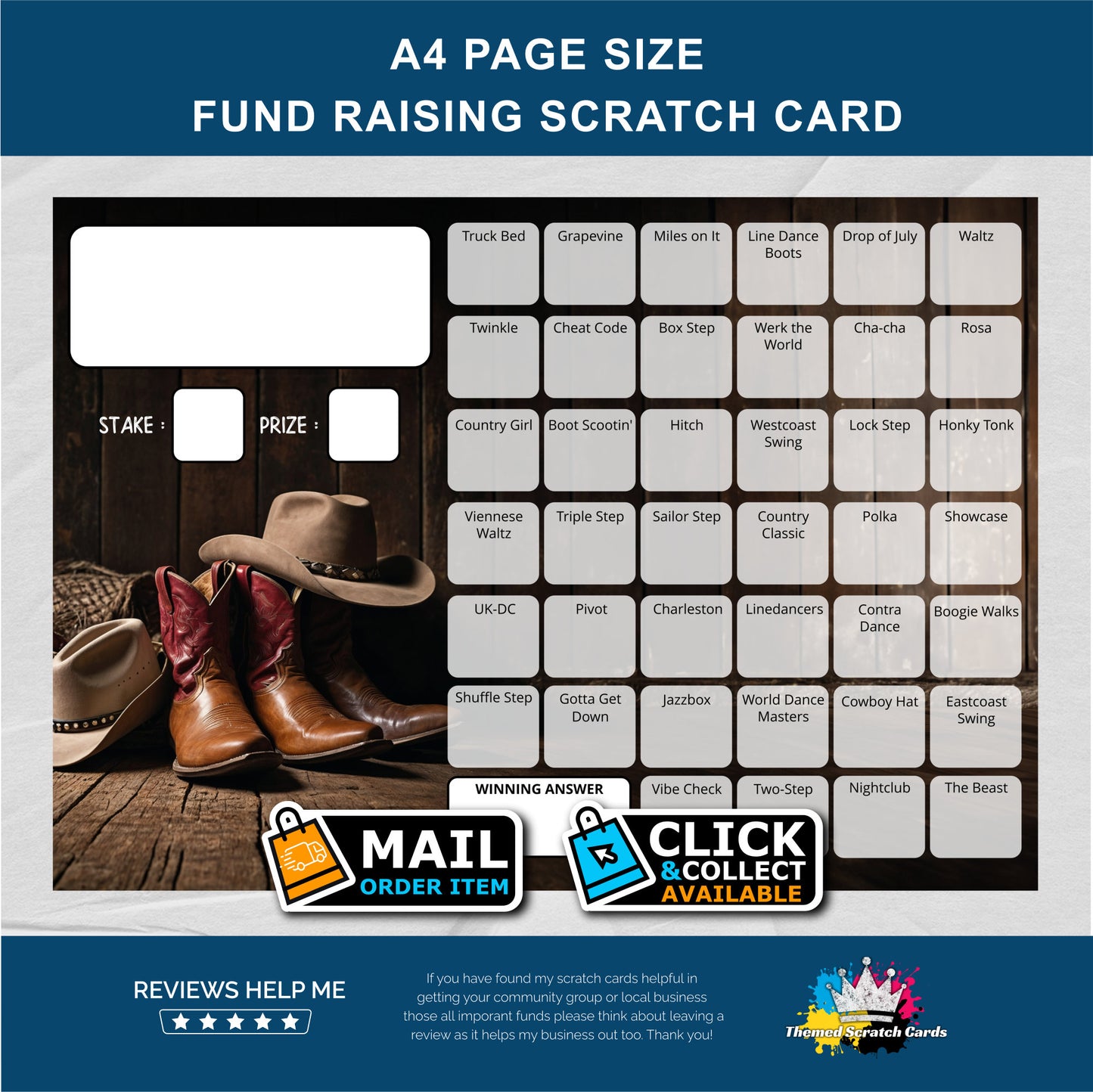 A4 Line Dancing Themed Words Fundraising Scratch Card - Local & Community Fund Raising