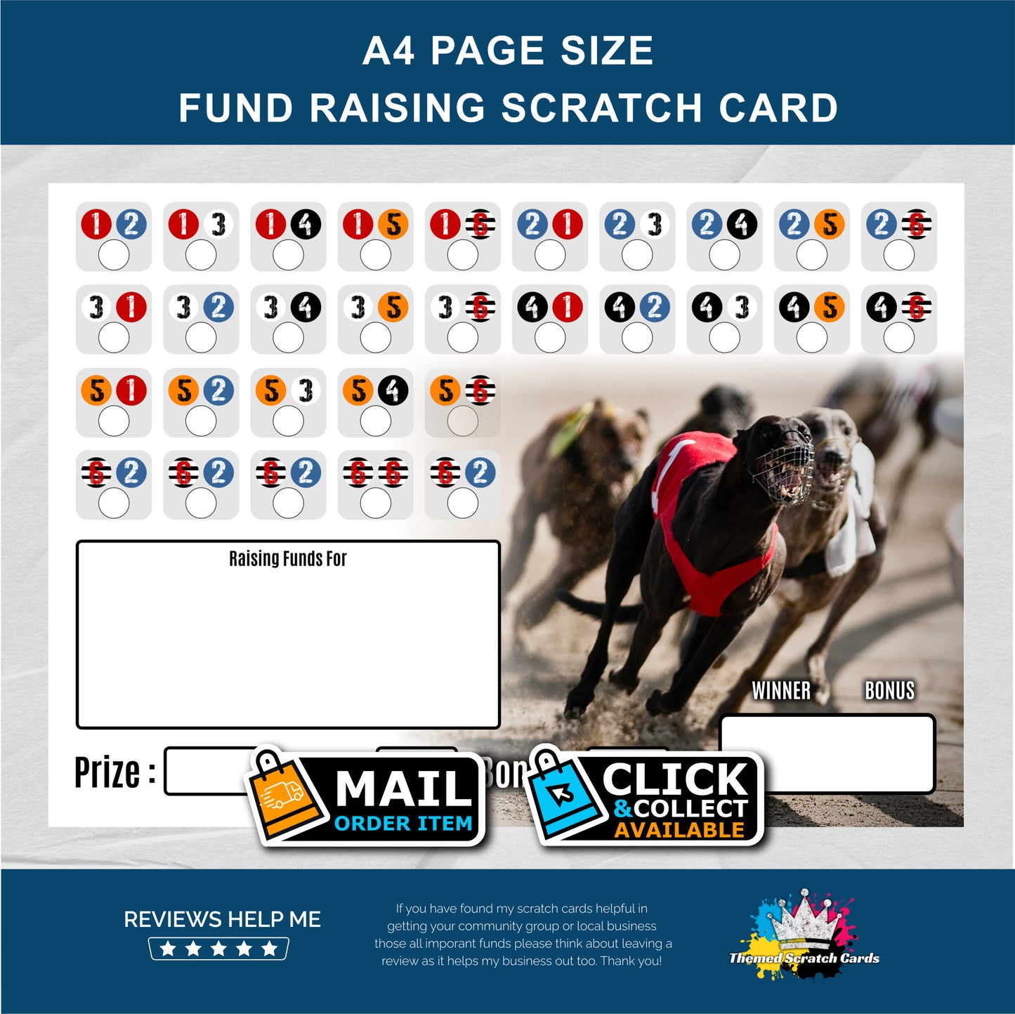 A4 Greyhound Racing Themed Fundraising Scratch Card - Local & Community Fund Raising