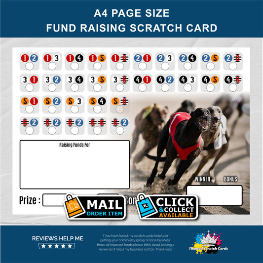 A4 Greyhound Racing Themed Fundraising Scratch Card - Local & Community Fund Raising
