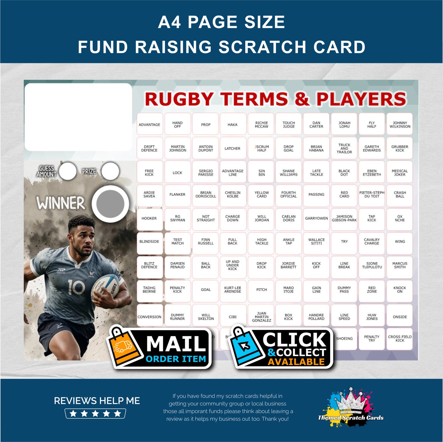 A4 Rugby Themed Fundraising Scratch Card - Local & Community Fund Raising