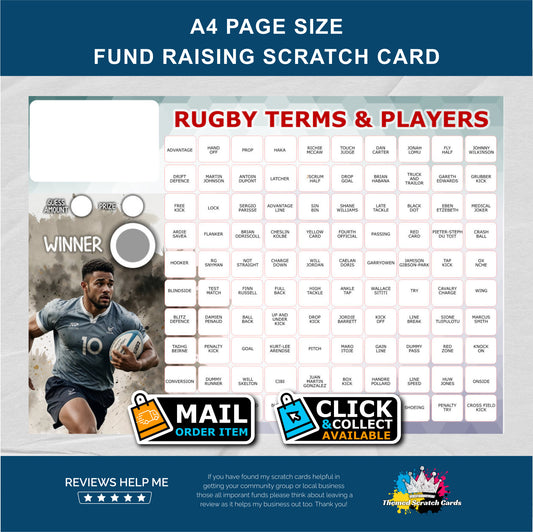 A4 Rugby Themed Fundraising Scratch Card - Local & Community Fund Raising