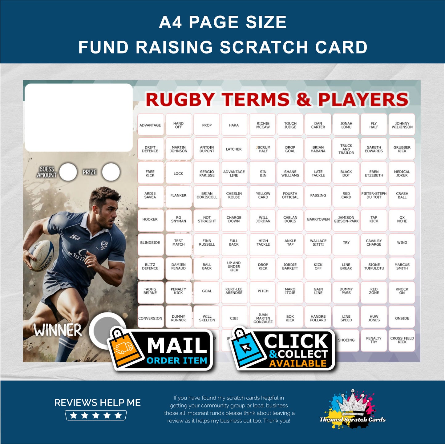 A4 Rugby Themed Fundraising Scratch Card - Local & Community Fund Raising