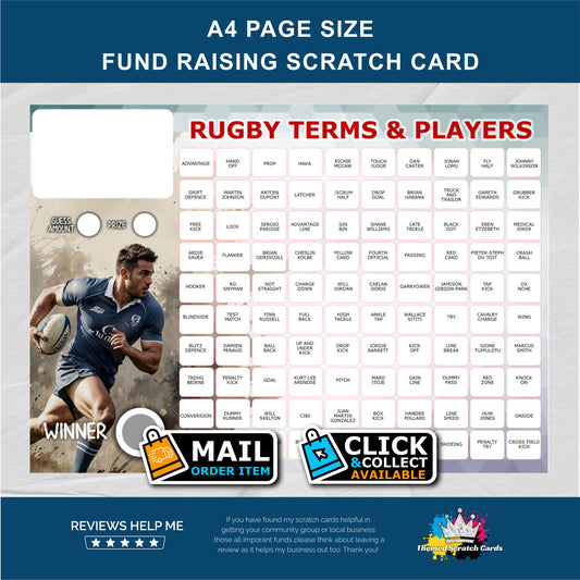 A4 Rugby Themed Fundraising Scratch Card - Local & Community Fund Raising