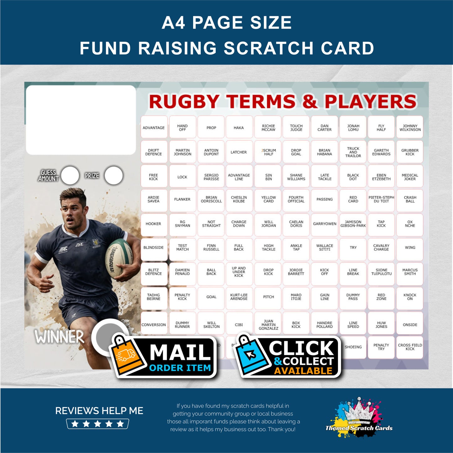 A4 Rugby Themed Fundraising Scratch Card - Local & Community Fund Raising