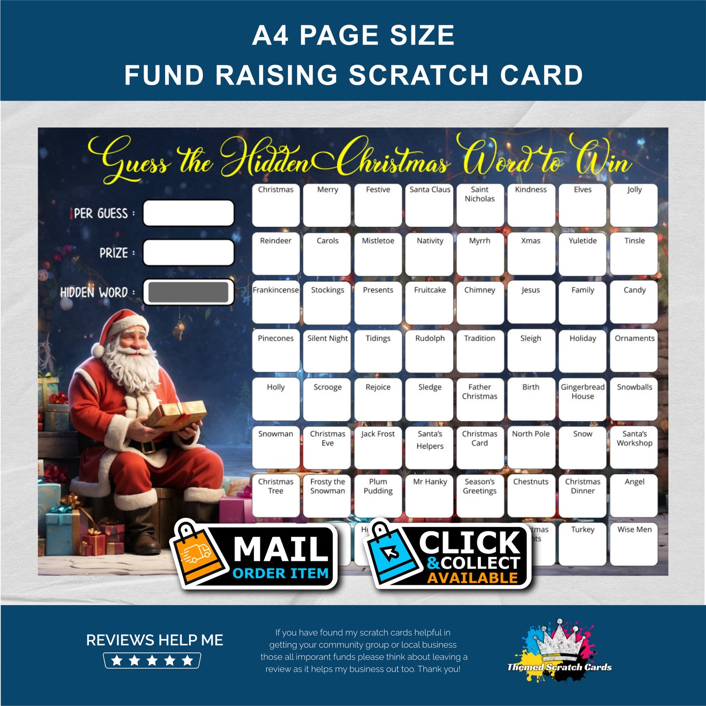 A4 Christmas Festive Words Fundraising Scratch Card - Local & Community Fund Raising