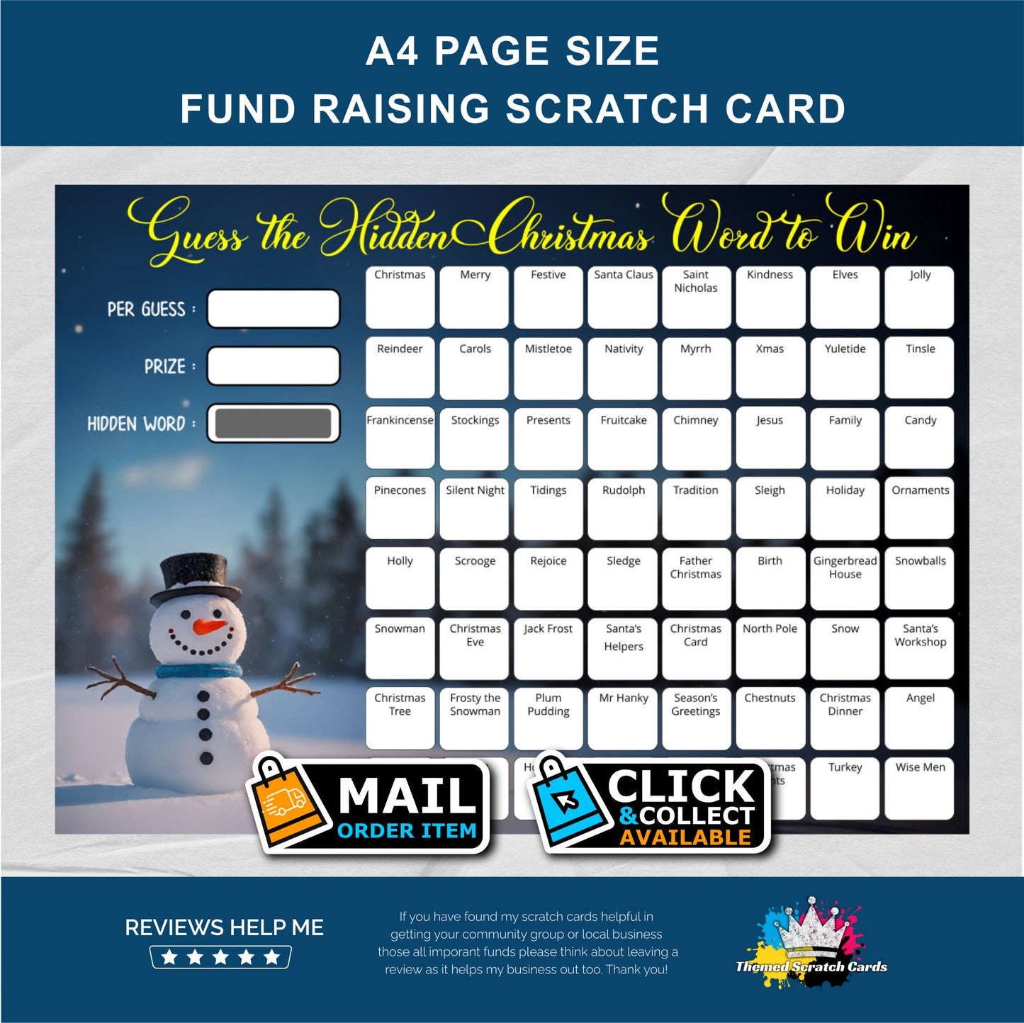 A4 Christmas Festive Words Fundraising Scratch Card - Local & Community Fund Raising