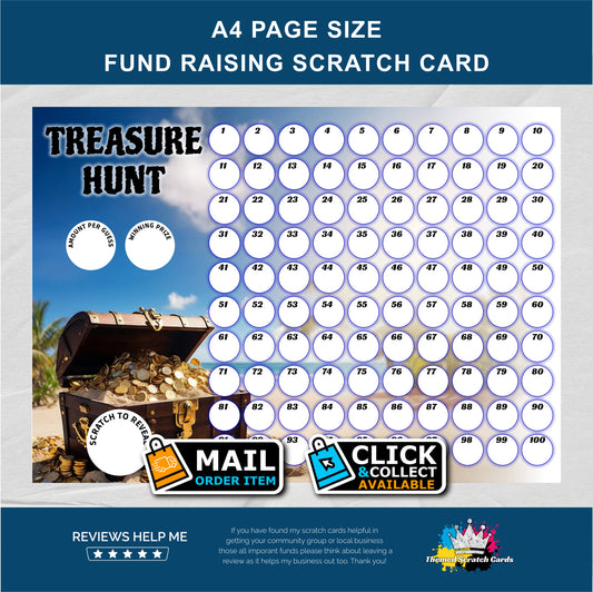 A4 Pirate Treasure Chest Themed Lucky Number Fundraising Scratch Card - Local & Community Fund Raising