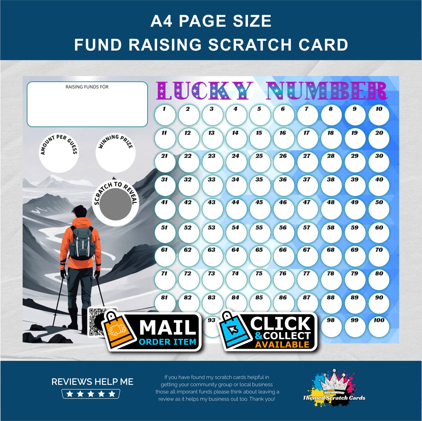 A4 Hiking Themed Lucky Number Fundraising Scratch Card - Local & Community Fund Raising