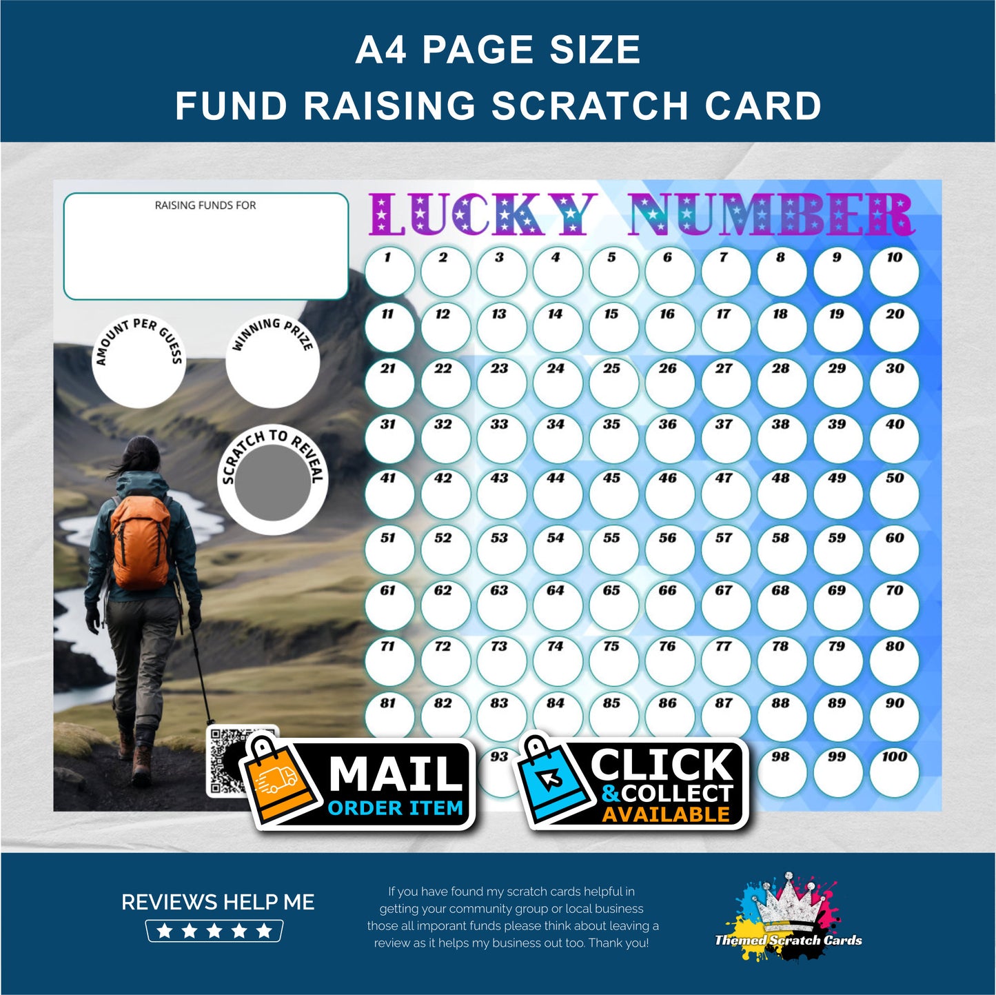 A4 Hiking Themed Lucky Number Fundraising Scratch Card - Local & Community Fund Raising