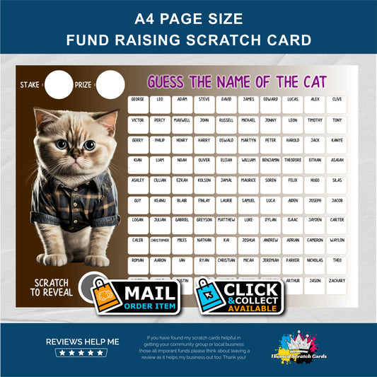 A4 Guess The Cats Name Fundraising Scratch Card - Local & Community Fund Raising
