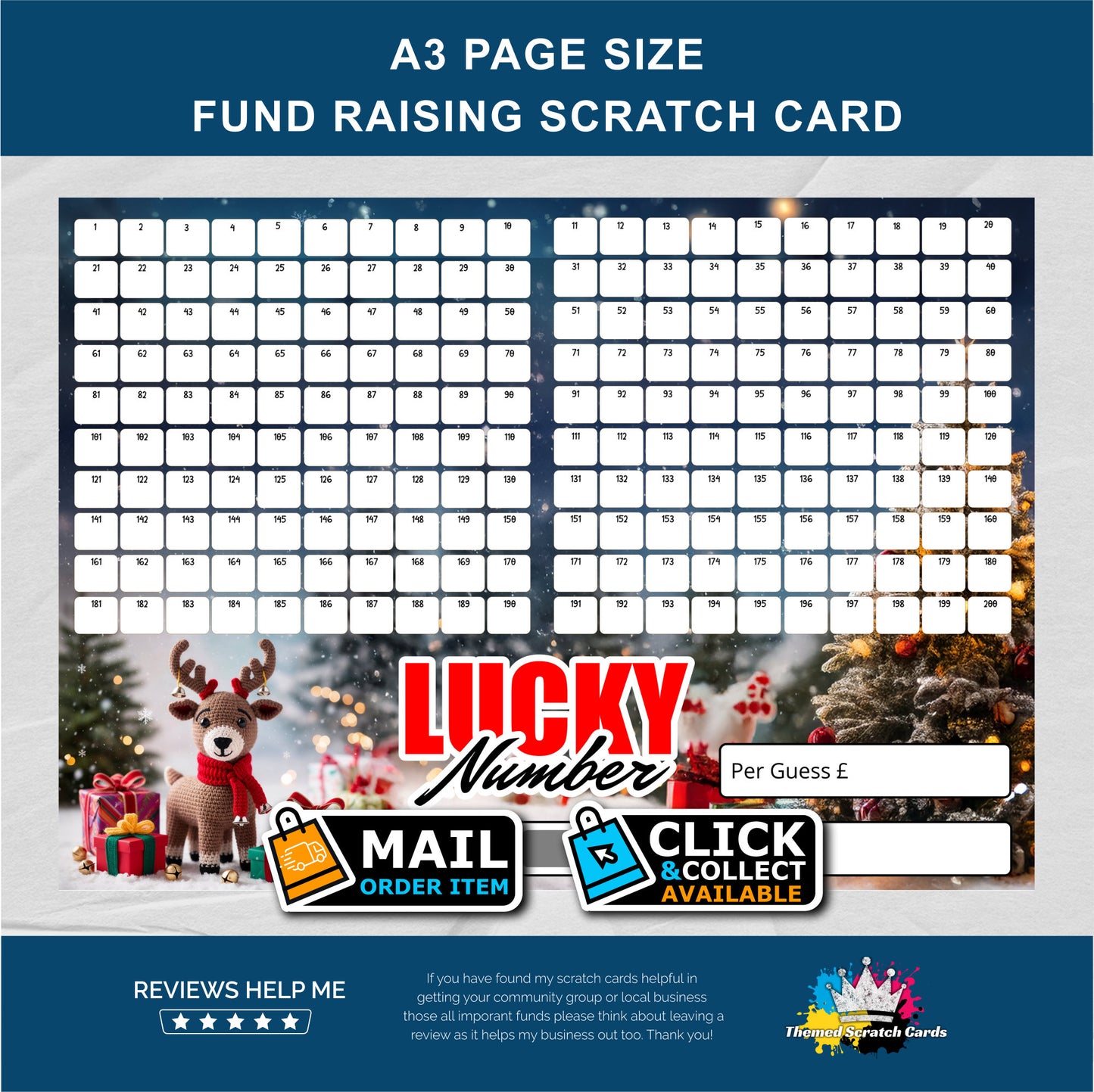 Christmas Lucky 200 Number Fundraising Scratch Card - Local & Community Fund Raising A3 Folded