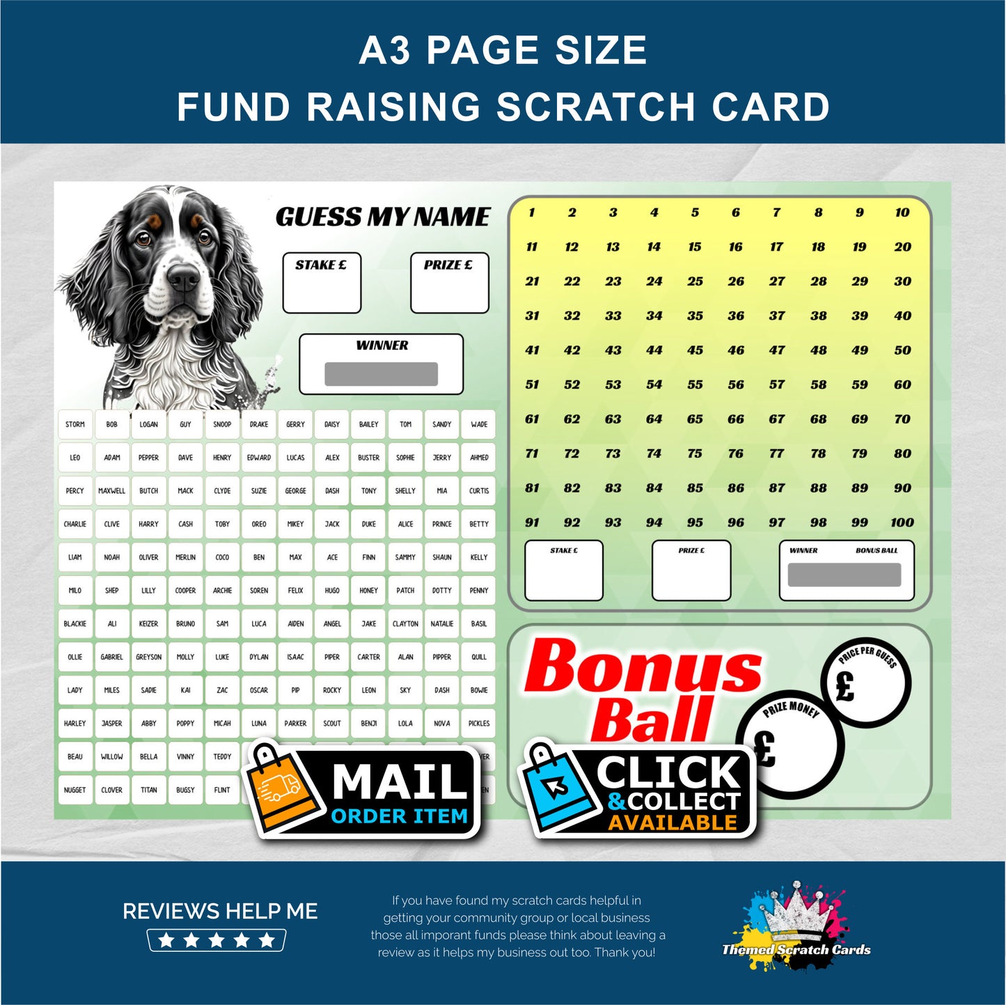 A3 Lucky Number Mega Fundraising Scratch Card - Local & Community Fund Raising A3 Flat