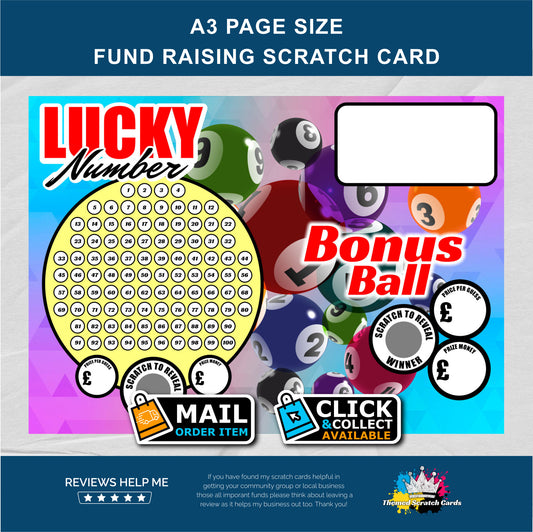 A3 Lucky Number Mega Fundraising Scratch Card - Local & Community Fund Raising A3 Flat