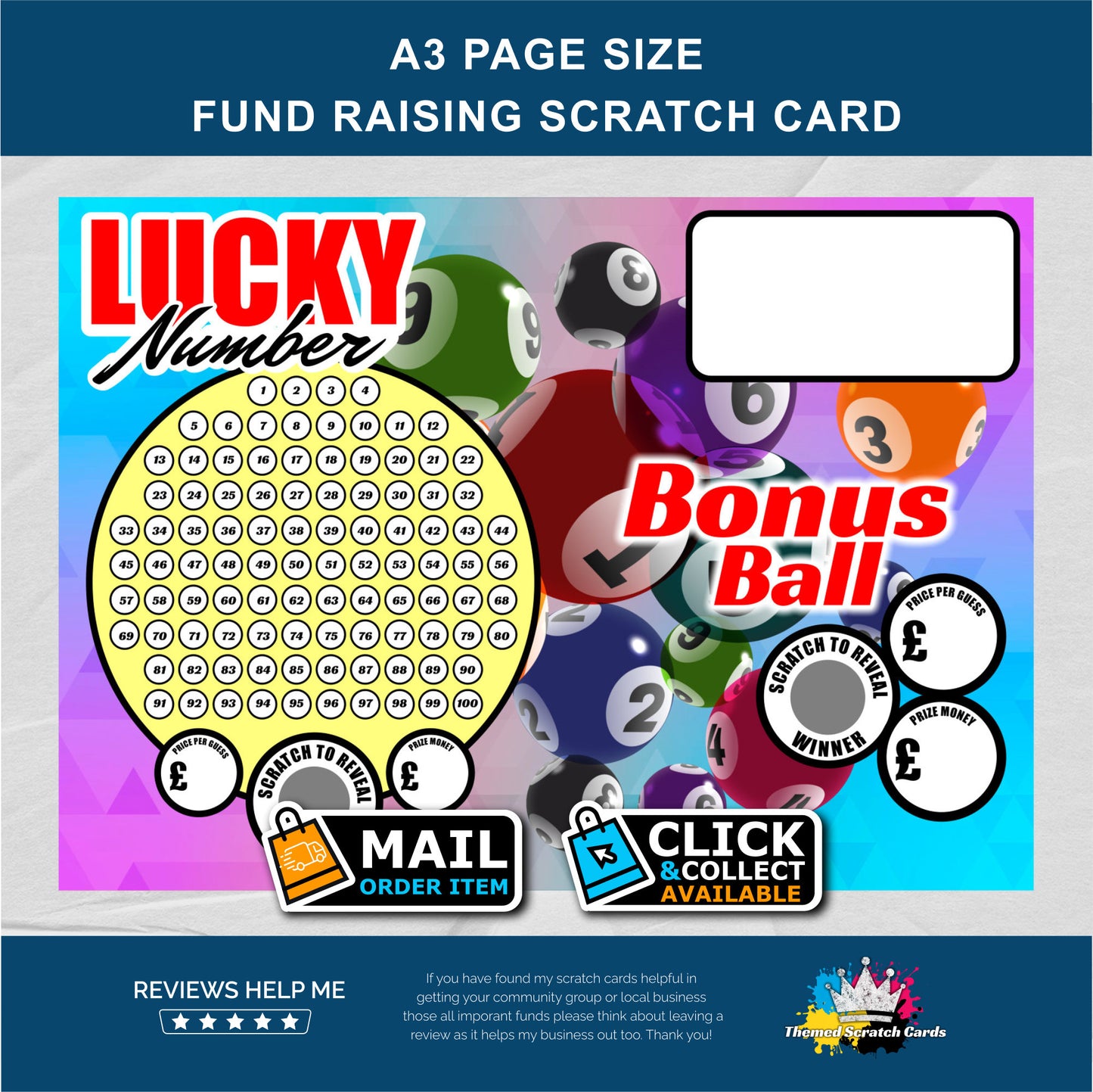 A3 Lucky Number Mega Fundraising Scratch Card - Local & Community Fund Raising A3 Folded