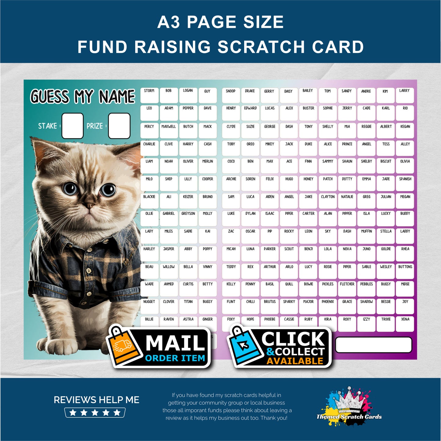 A3 Cat Name Fundraising Scratch Card - Local & Community Fund Raising A3 Folded
