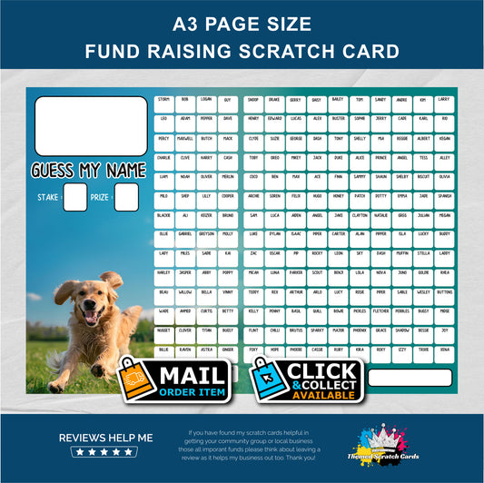 A3 Dog Name Fundraising Scratch Card - Local & Community Fund Raising A3 Flat