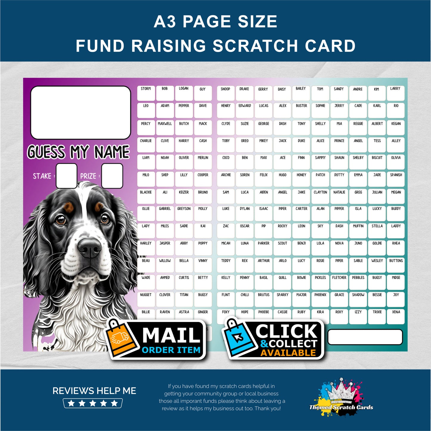 A3 Dog Name Fundraising Scratch Card - Local & Community Fund Raising A3 Flat