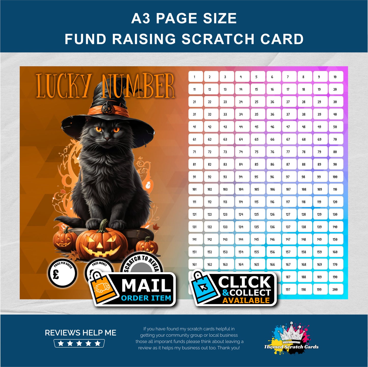 A3 Spooky Lucky number Fundraising Scratch Card - Local & Community Fund Raising A3 Folded