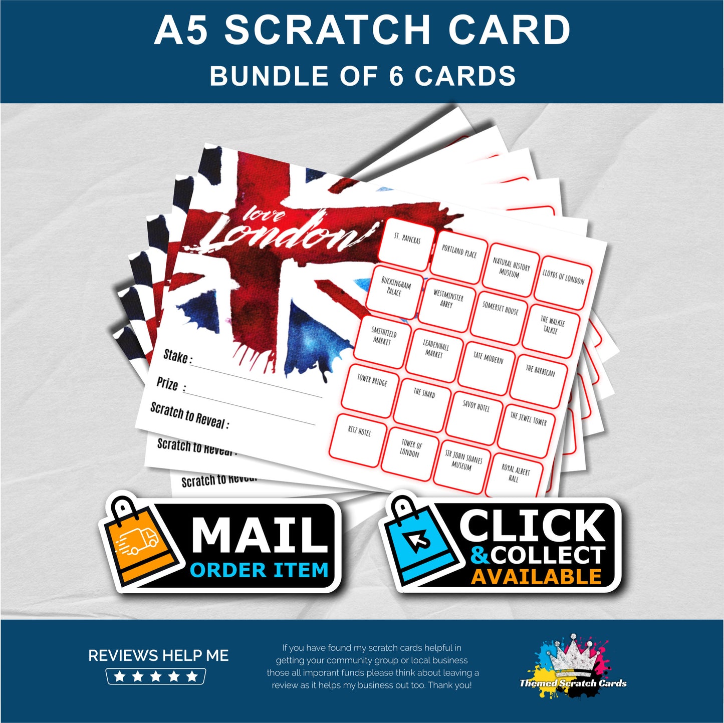 A5 London Streets Fundraising Scratch Card Bundle - Local & Community Fund Raising