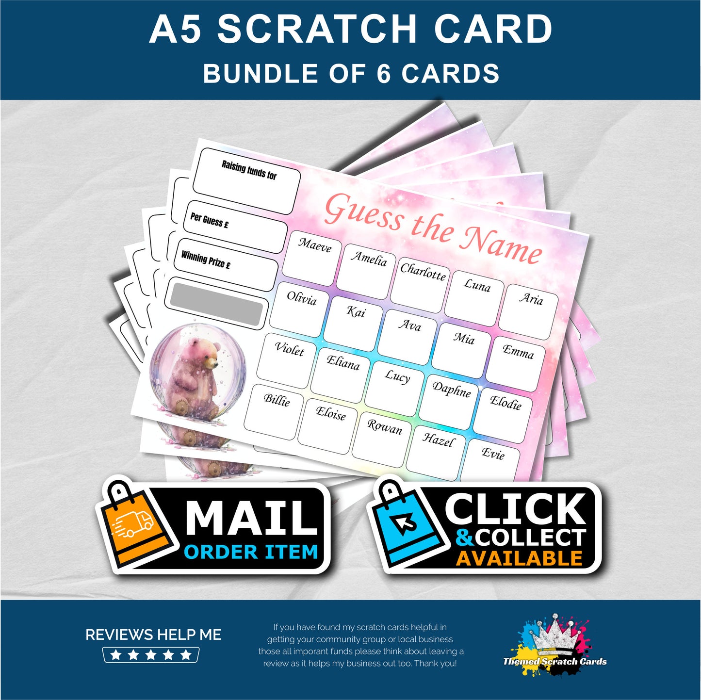A5 Girls Names Fundraising Scratch Card Bundle - Local & Community Fund Raising