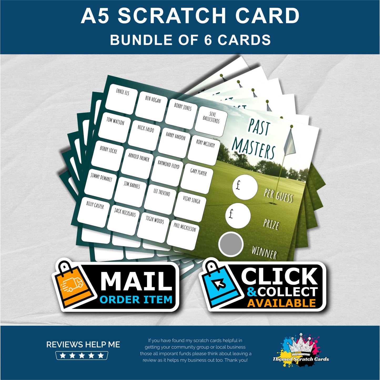 A5 Golf Legends Fundraising Scratch Card Bundle - Local & Community Fund Raising