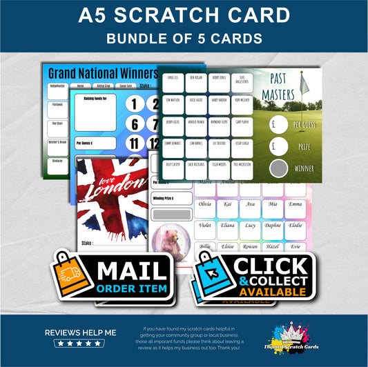 A5 Mixed Bundle of Themed Fundraising Scratch Cards - Local & Community Fund Raising