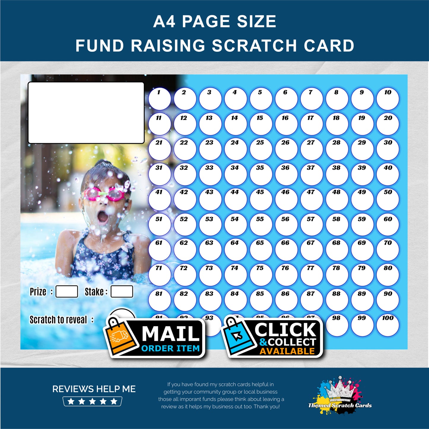 A4 Kids Swimming Themed Fundraising Scratch Card - Local & Community Fund Raising