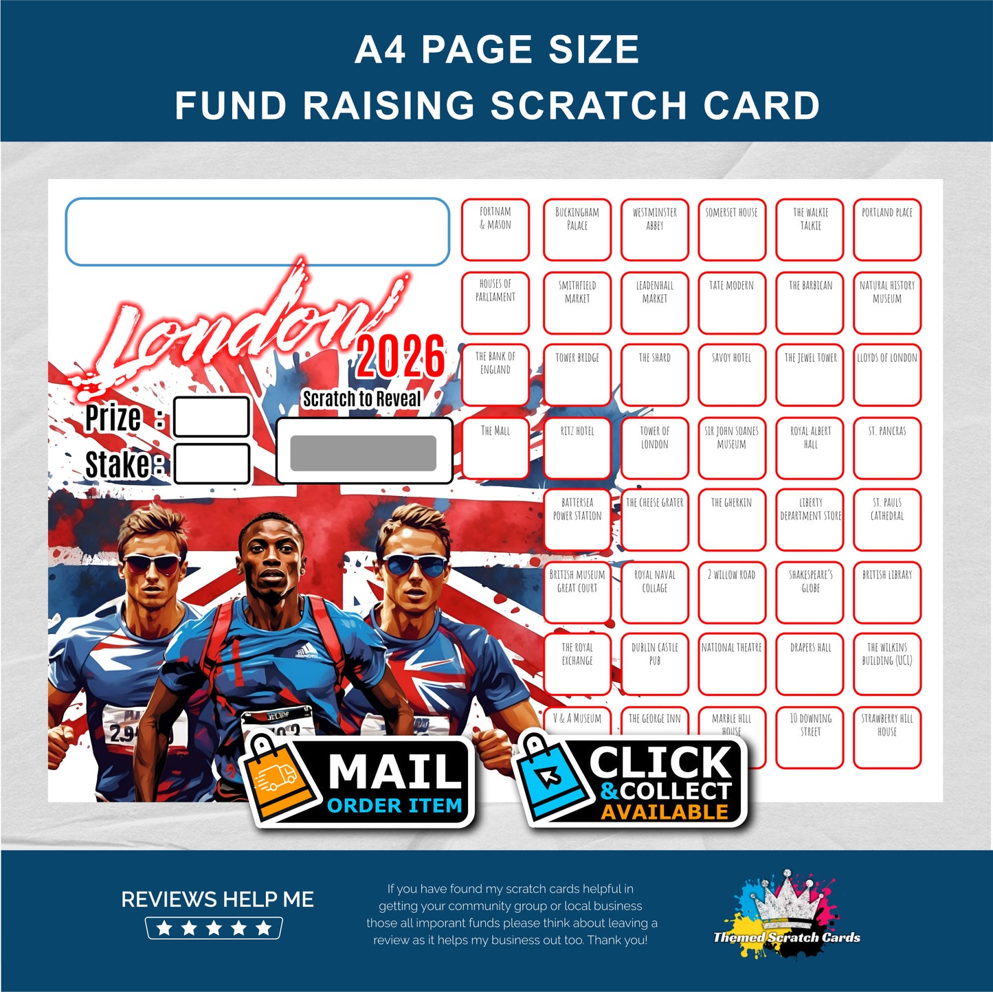 A4 London Marathon 2026 Themed Fundraising Scratch Card - Local & Community Fund Raising