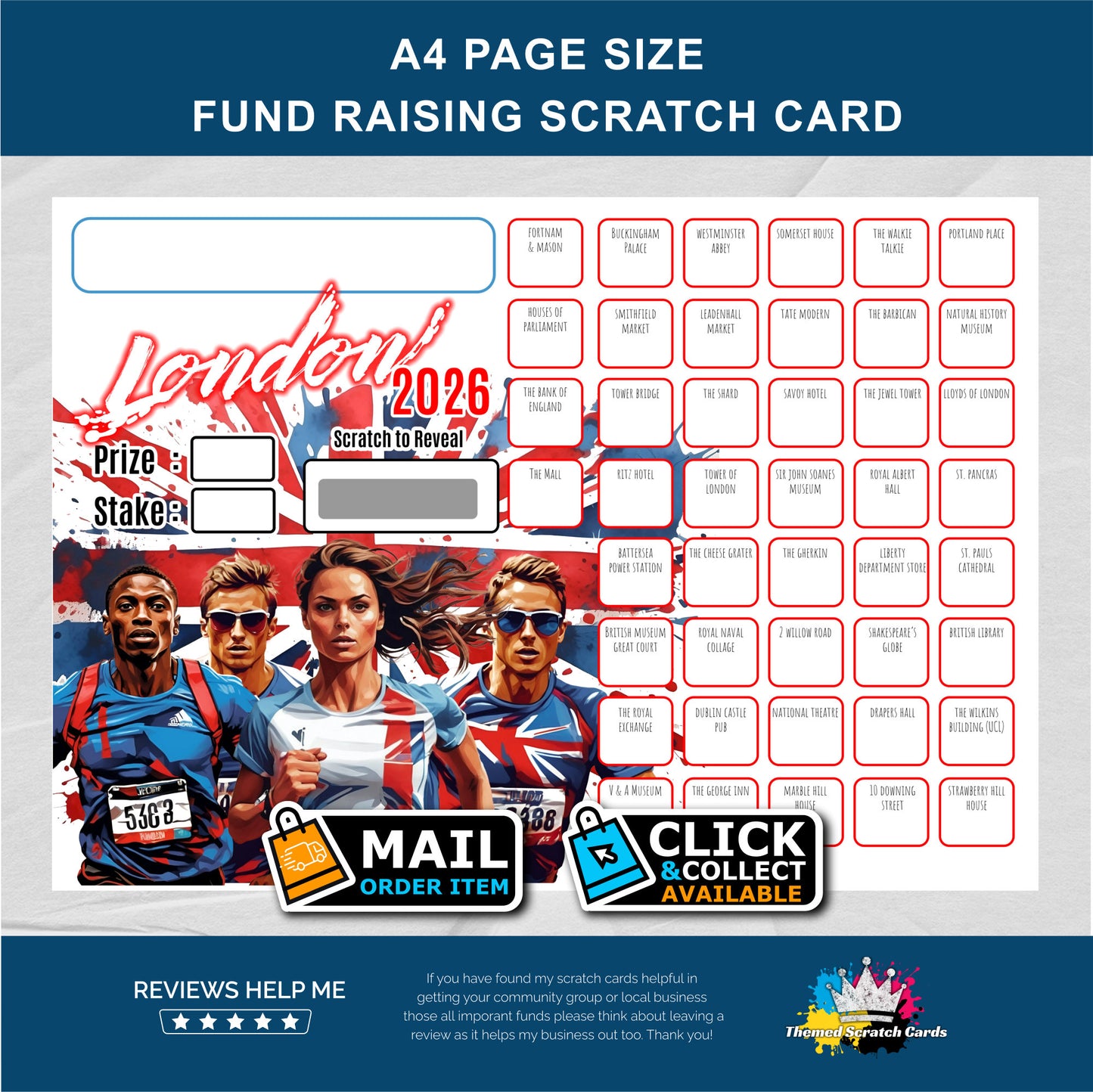 A4 London Marathon 2026 Themed Fundraising Scratch Card - Local & Community Fund Raising
