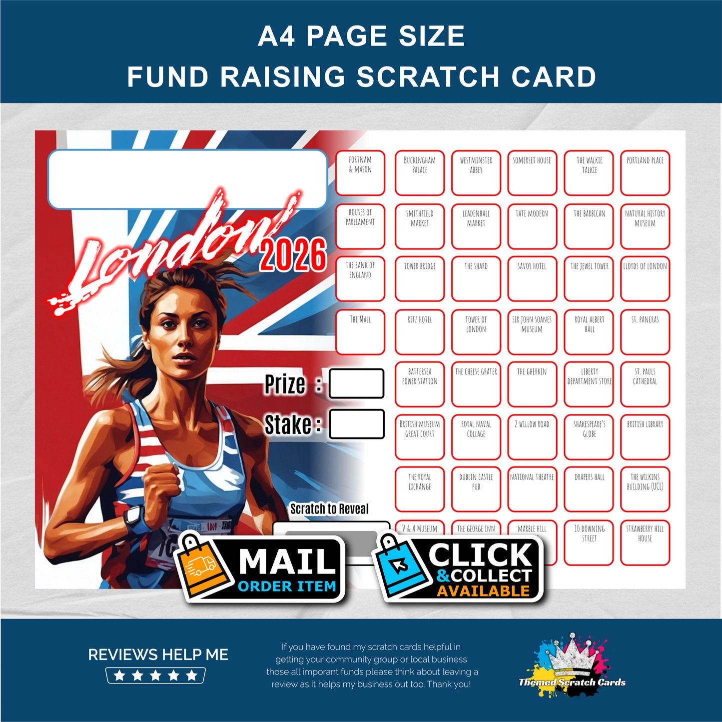 A4 London Marathon 2026 Themed Fundraising Scratch Card - Local & Community Fund Raising