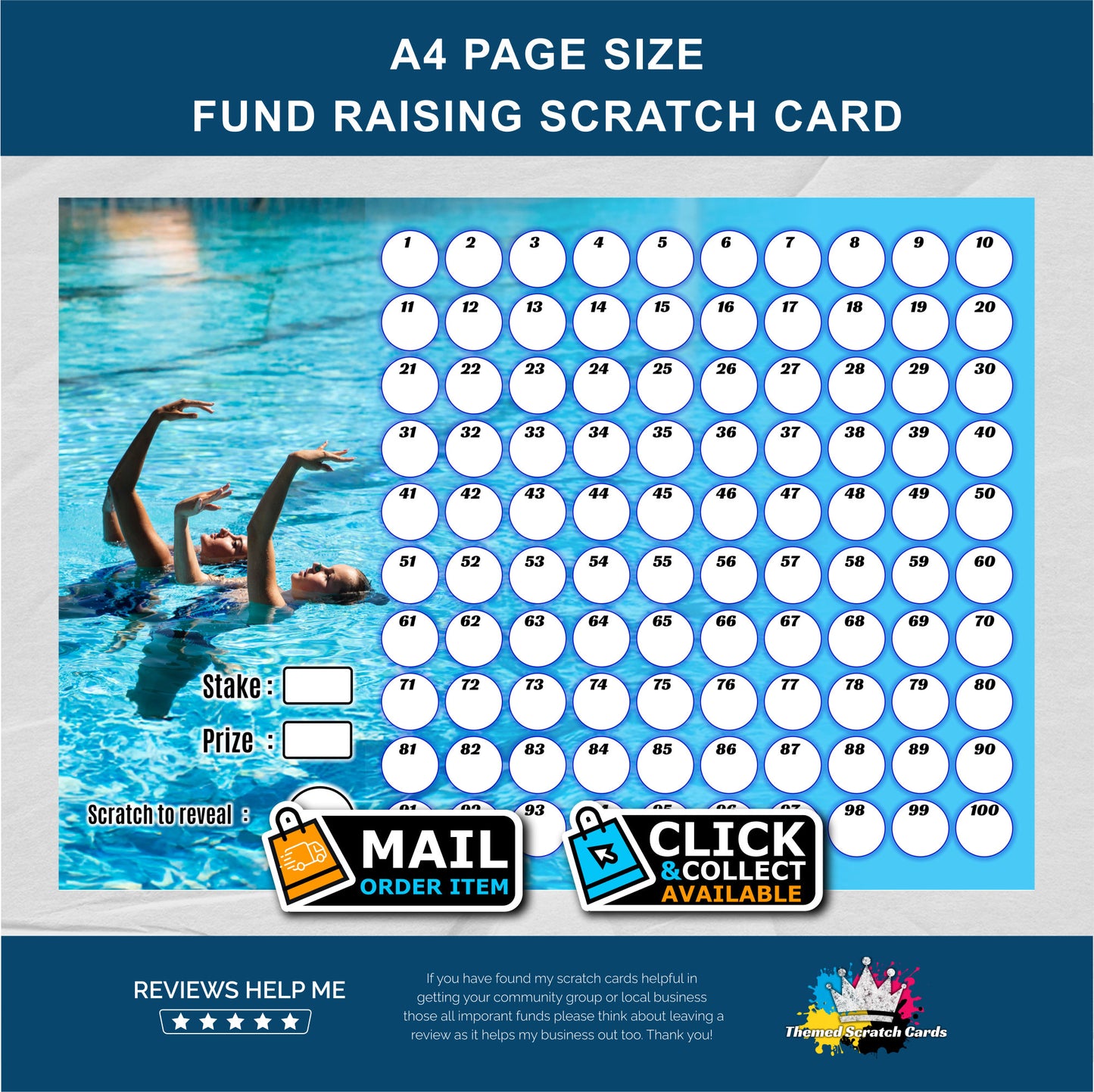 A4 Swimming Themed Fundraising Scratch Card - Local & Community Fund Raising